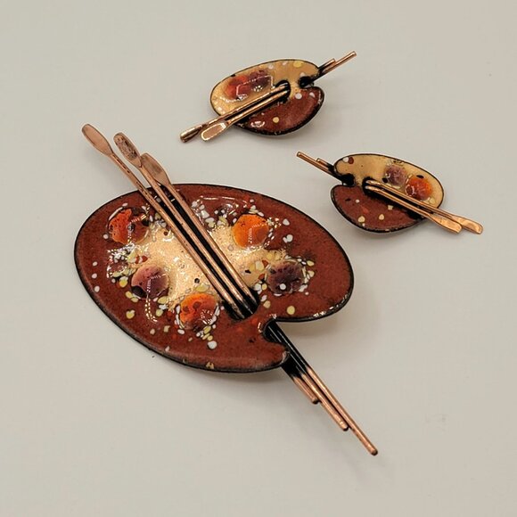 Vintage Signed Matisse Artist Palette Brooch and Clip-on Earring Set - Picture 10 of 10